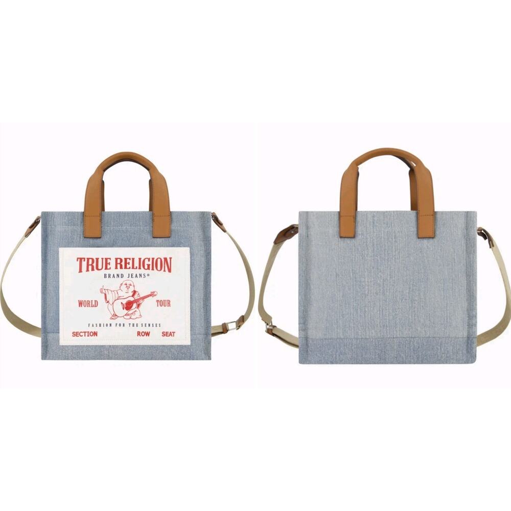 True Religion Medium Canvas Tote Shoulder Bag Logo Adjustable Crossbody Strap
